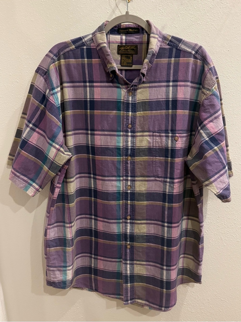 Eddie Bauer Vintage Madras Shirt XL Purple Plaid Short Sleeve Cotto